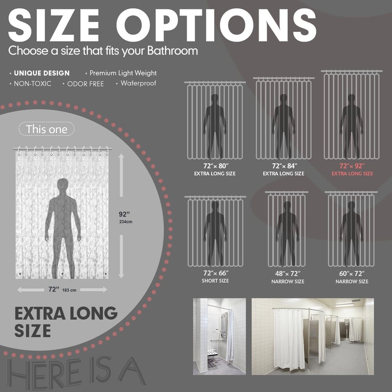 Hereisa Extra Long 3D Pebble Pattern Waterproof Shower Curtain Liner EVA Shower Curtain with 3 Bottom Magnets, Shower Liner for Shower Stall, Bathtubs, 72 x 92 - Image 2